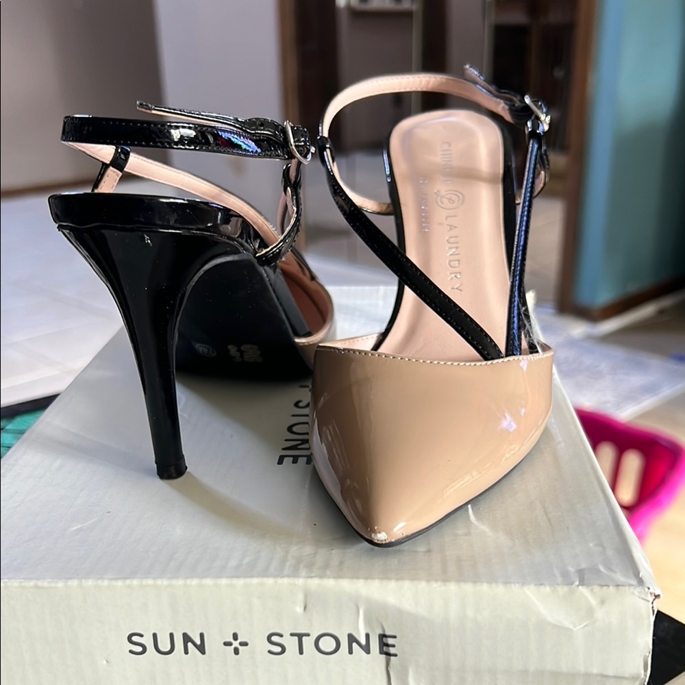 Sun + Stone Cream and Black Heels with Ankle Strap and Pointed Toe